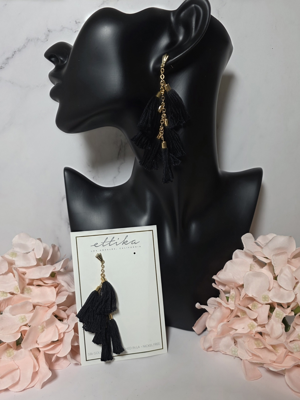 ettika - Black Multi-Tassel Drop Earrings with Gold Chain